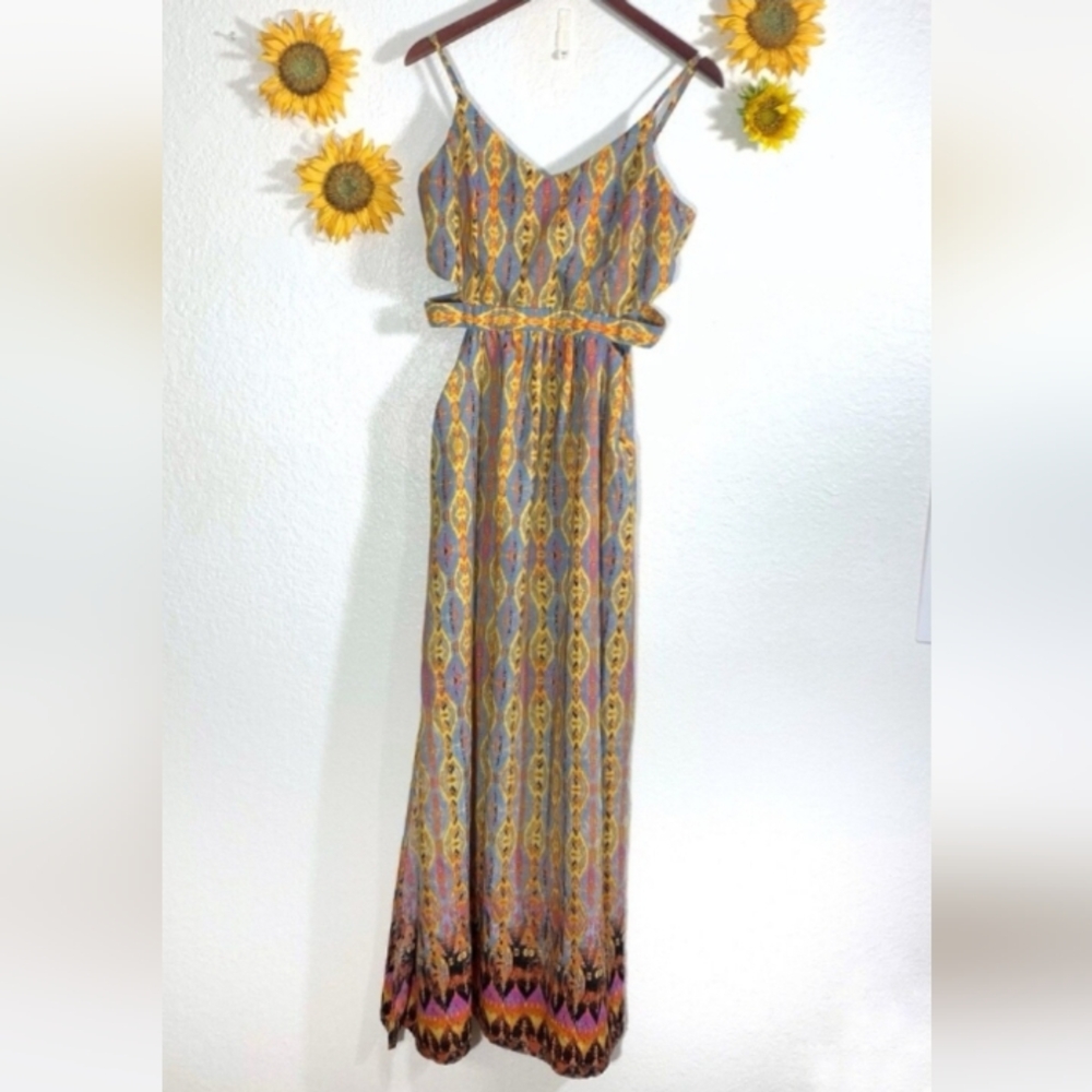 Gianni Bini GB Blue Gold Pink Tribal Print Side Cutout Slits Boho Maxi Dress L